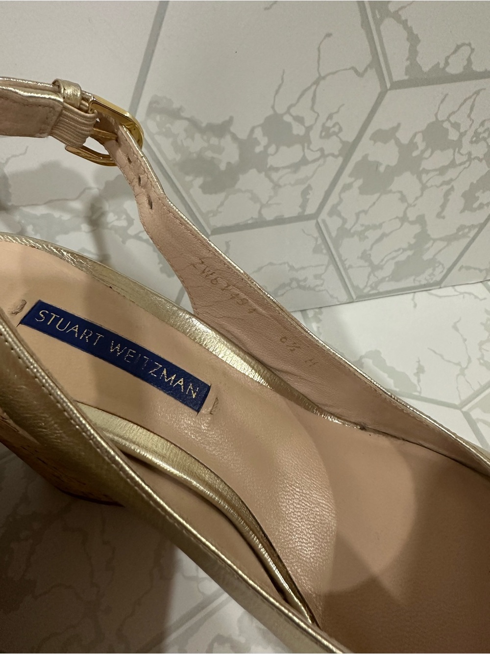 Stuart Weitzman Metallic Gold Peep-Toe Cork Wedge Sandals - Picture 3 of 7